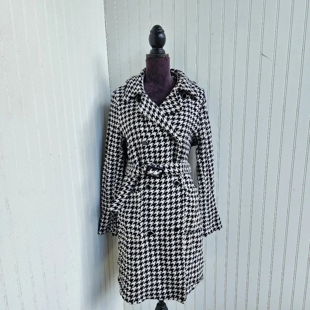 AliceBlue Houndstooth Black Ivory Woven Double-Breasted Blazer Jacket Unlined XL